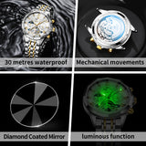OLEVS 6620 Automatic Watches for Men Self Winding Mechanical Skeleton Luxury Dress Chronograph Gold Plated Stainless Steel Calendar Moon Phase Waterproof Luminous Mens Wrist Watches Reloj Para Hombre