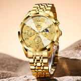 OLEVS 3676 Chronograph Watches for Men Business Dress Analog Quartz Gold Plated Stainless Steel Moon Phase Waterproof Luminous Date Luxury Mens Wrist Watches Reloj Para Hombre