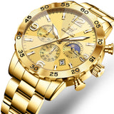 OLEVS 3678 Watches for Men Luxury Dress Chronograph Analog Quartz Gold Plated Stainless Steel Moon Phase Waterproof Luminous Date Fashion Mens Wrist Watches Reloj Para Hombre