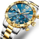 OLEVS 3678 Watches for Men Luxury Dress Chronograph Analog Quartz Gold Plated Stainless Steel Moon Phase Waterproof Luminous Date Fashion Mens Wrist Watches Reloj Para Hombre