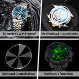 OLEVS 6620 Automatic Watches for Men Self Winding Mechanical Skeleton Luxury Dress Chronograph Gold Plated Stainless Steel Calendar Moon Phase Waterproof Luminous Mens Wrist Watches Reloj Para Hombre