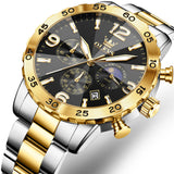 OLEVS 3678 Watches for Men Luxury Dress Chronograph Analog Quartz Gold Plated Stainless Steel Moon Phase Waterproof Luminous Date Fashion Mens Wrist Watches Reloj Para Hombre