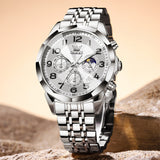 OLEVS 3676 Chronograph Watches for Men Business Dress Analog Quartz Gold Plated Stainless Steel Moon Phase Waterproof Luminous Date Luxury Mens Wrist Watches Reloj Para Hombre