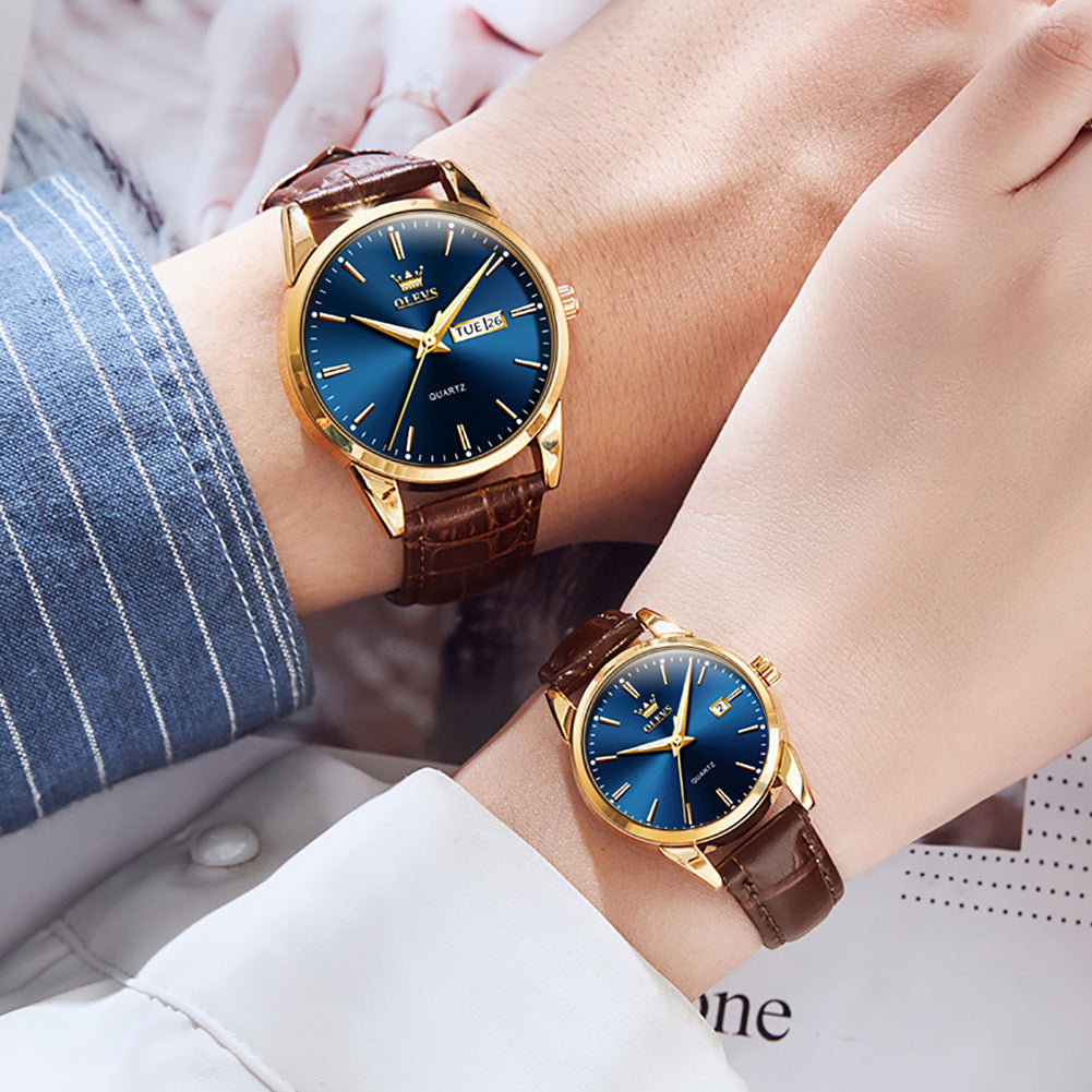 Brown Strap-Blue Dial Gold Trim