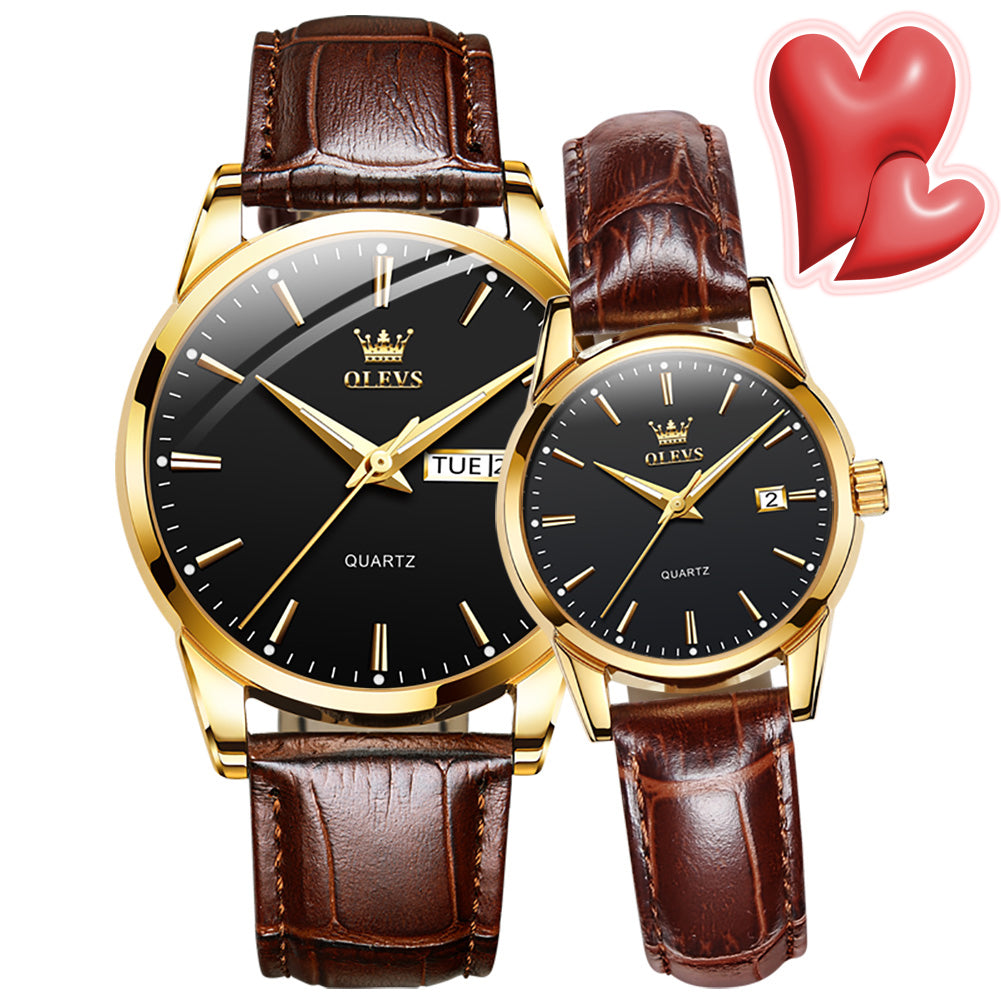 OLEVS 6898 Couple Watches Classic Brown Leather Analog Quartz