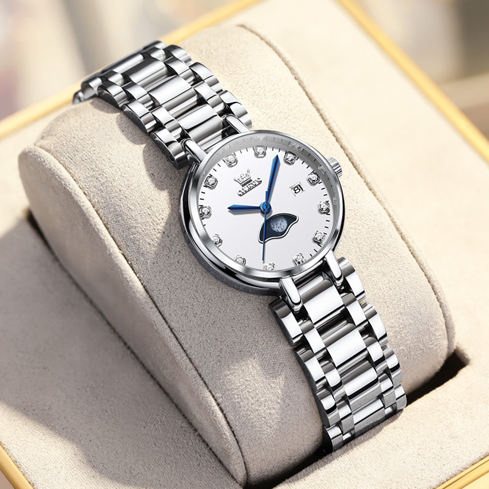 Silver Strap-Blue Dial Silver Trim Diamond stone surface