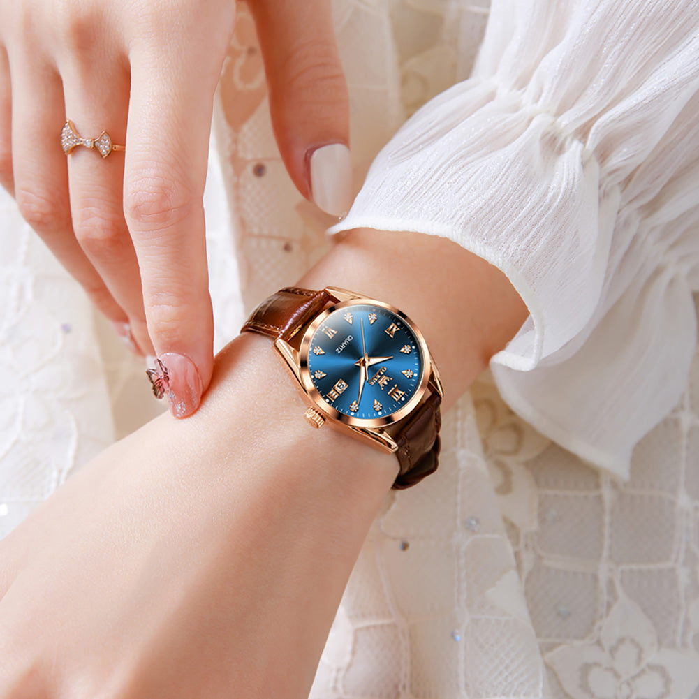 Brown Strap-Blue Dial Rose gold Trim