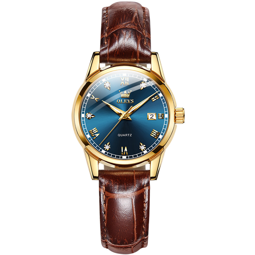 Brown Strap-Blue Dial Gold Trim