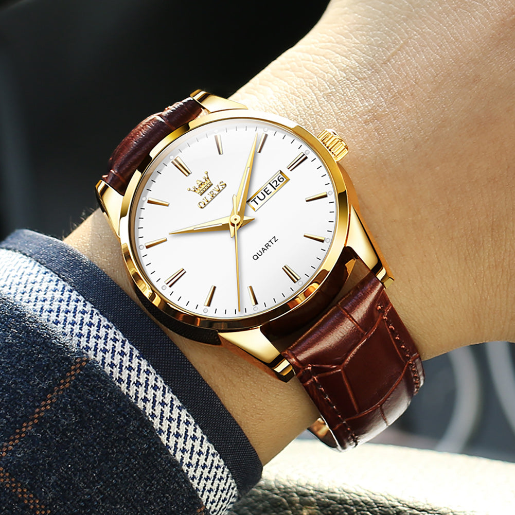 Brown Strap-White Dial Gold Trim