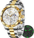 OLEVS 3678 Watches for Men Luxury Dress Chronograph Analog Quartz Gold Plated Stainless Steel Moon Phase Waterproof Luminous Date Fashion Mens Wrist Watches Reloj Para Hombre