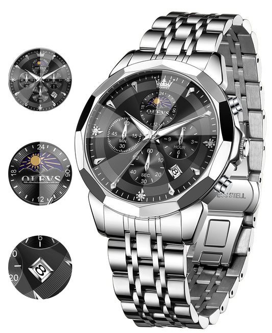 OLEVS 3673 Watches For Men Business Dress Luxury Casual Chronograph Multifunction Analog Quartz Stainless Steel Waterproof Luminous Moon Phase Date Men Wrist Watches Reloj Para Hombre