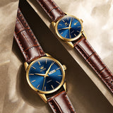 Brown Strap-Blue Dial Gold Trim