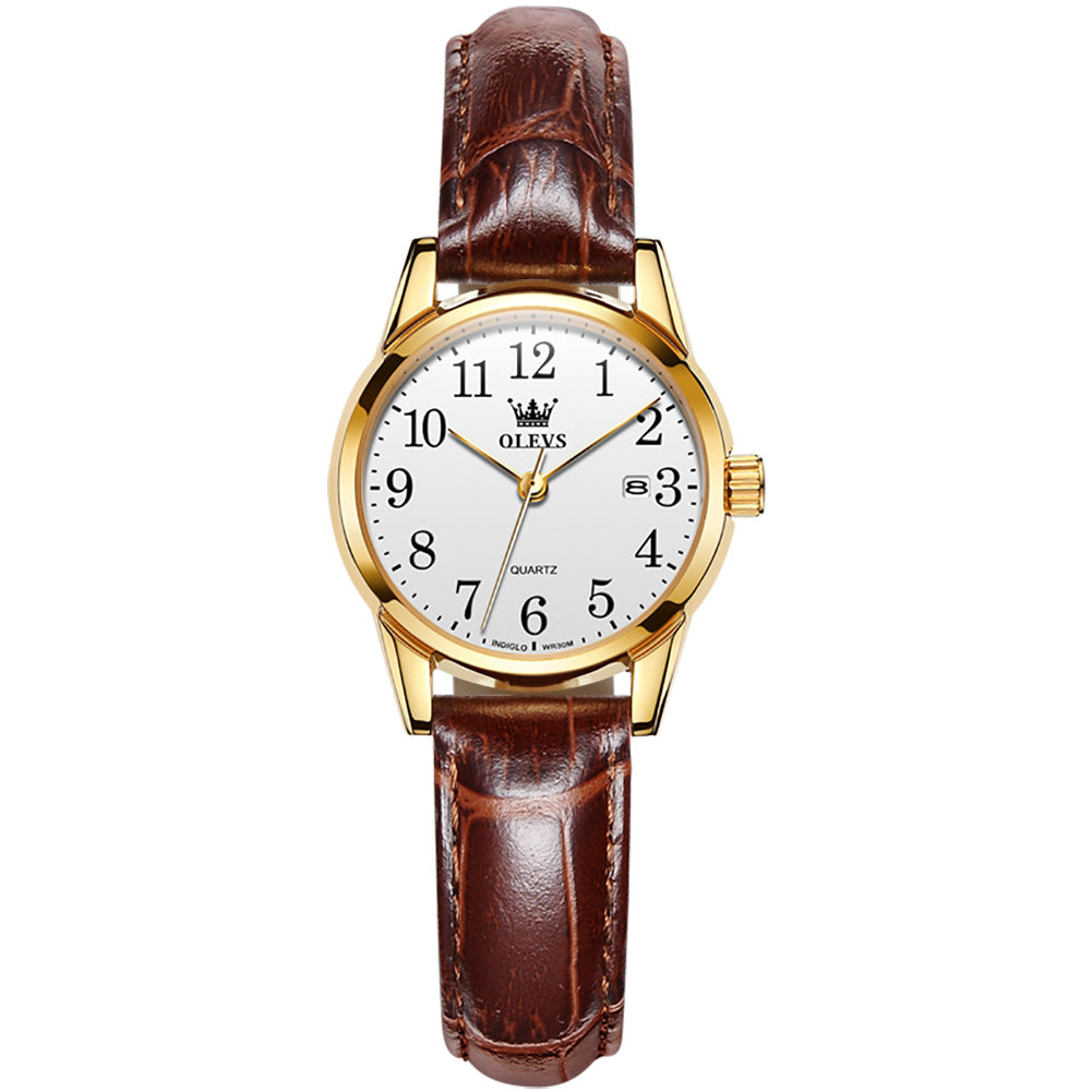 Brown Strap-White Dial Gold Trim