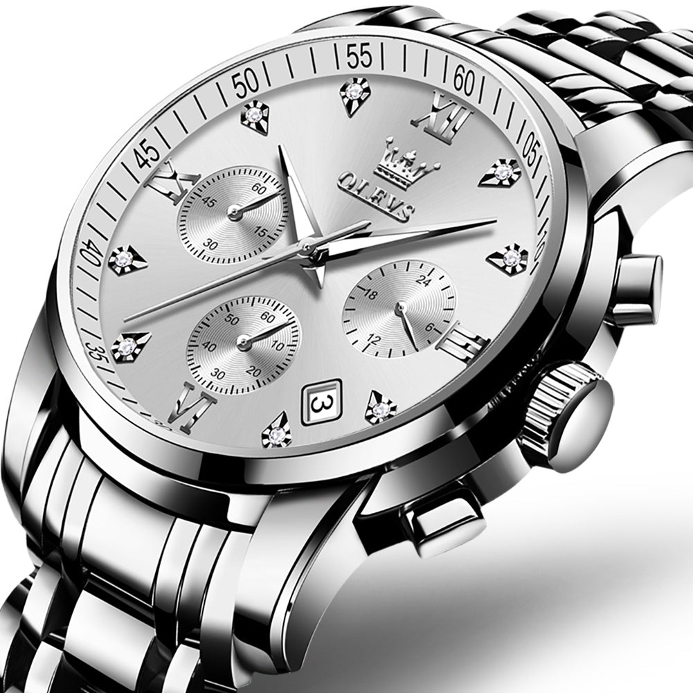 OLEVS 2858 Men's Watch, Business Chronograph Formal Stainless Steel Watch, Pointer Quartz Waterproof Luminous Men's Watch, Black and Blue Tone Stylish Holiday Gift