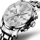 OLEVS 2858 Men's Watch, Business Chronograph Formal Stainless Steel Watch, Pointer Quartz Waterproof Luminous Men's Watch, Black and Blue Tone Stylish Holiday Gift