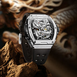 OLEVS 6021 Automatic Men's Watches Skeleton Dragon Mechanical Self-Winding Fashion Business Dress Stainless Steel Waterproof Luminous Wrist Watches for Men Gold Rose