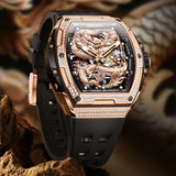 OLEVS 6021 Automatic Men's Watches Skeleton Dragon Mechanical Self-Winding Fashion Business Dress Stainless Steel Waterproof Luminous Wrist Watches for Men Gold Rose