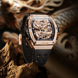 OLEVS 6021 Automatic Men's Watches Skeleton Dragon Mechanical Self-Winding Fashion Business Dress Stainless Steel Waterproof Luminous Wrist Watches for Men Gold Rose