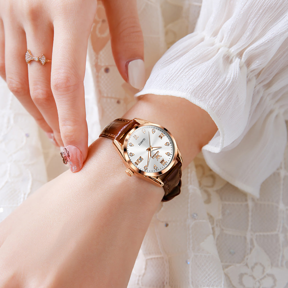 Brown Strap-White Dial Rose gold Trim