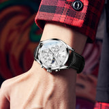 OLEVS Watches for Men 3609 Business Dress Analog Quartz Chronograph Casual PU Leather Waterproof Moon Phase Luminous Date Luxury Mens Wrist Watches Reloj Para Hombre