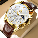 OLEVS Watches for Men 3609 Business Dress Analog Quartz Chronograph Casual PU Leather Waterproof Moon Phase Luminous Date Luxury Mens Wrist Watches Reloj Para Hombre