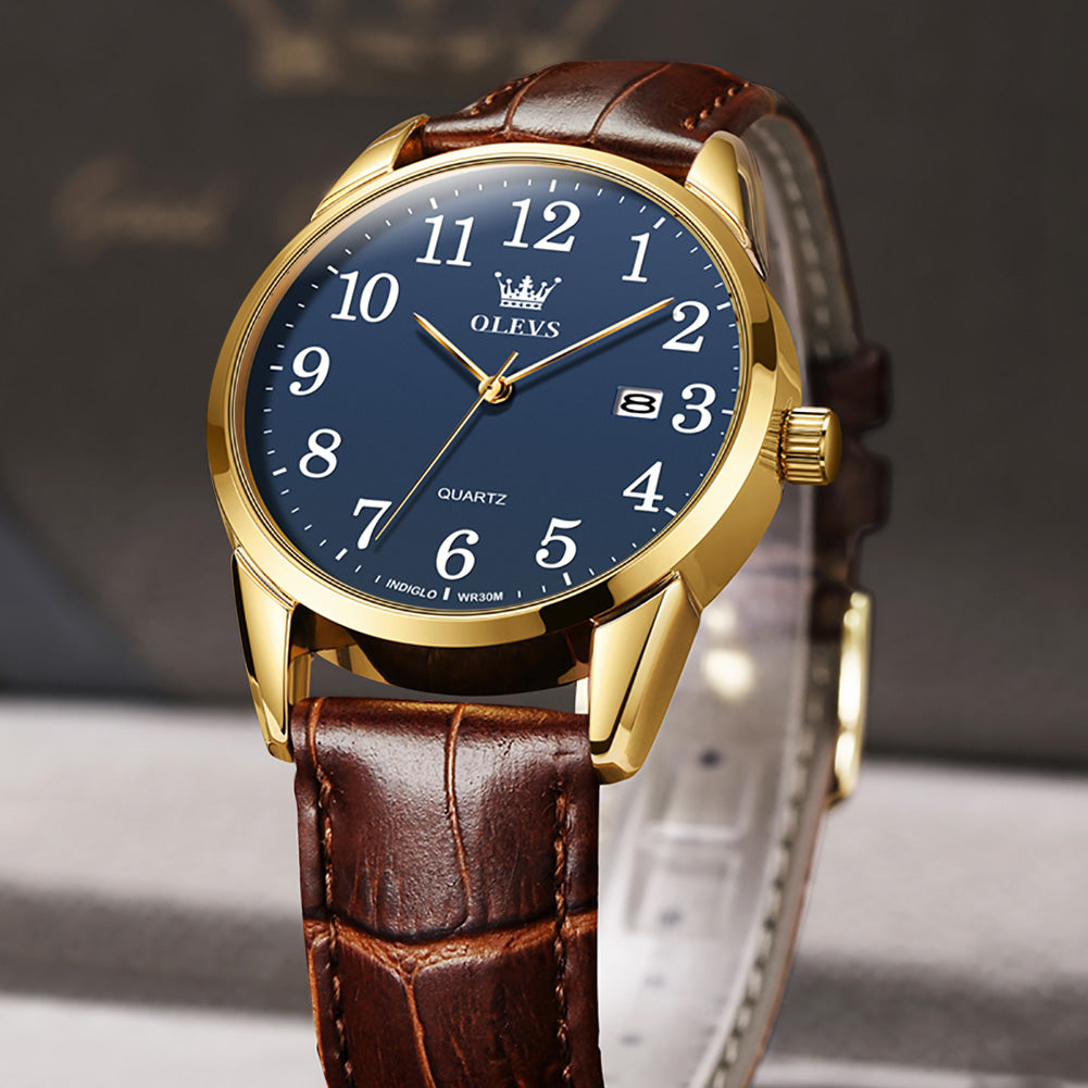 Brown Strap-Blue Dial Gold Trim