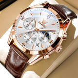 OLEVS Watches for Men 3609 Business Dress Analog Quartz Chronograph Casual PU Leather Waterproof Moon Phase Luminous Date Luxury Mens Wrist Watches Reloj Para Hombre