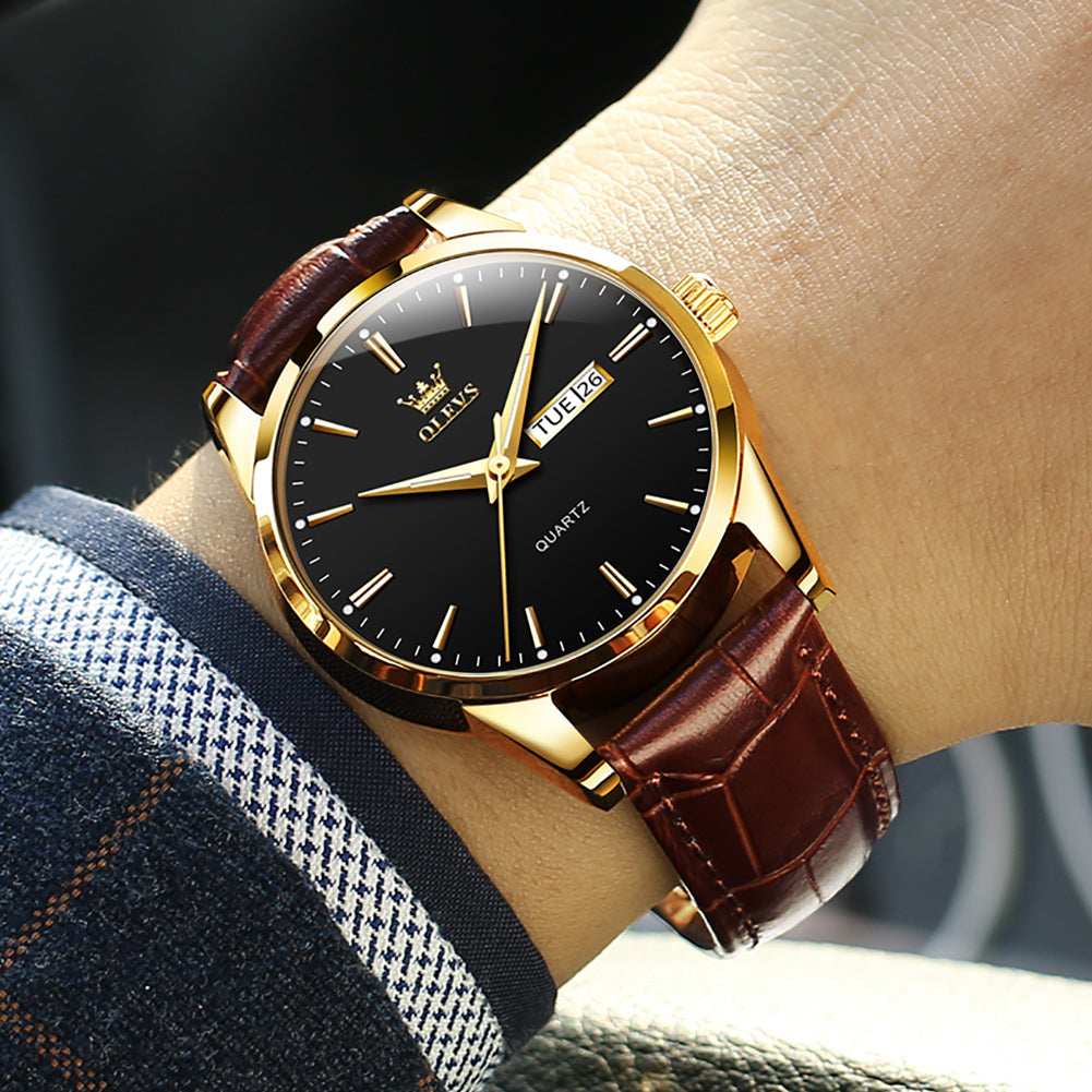 Brown Strap-Black Dial Gold Trim