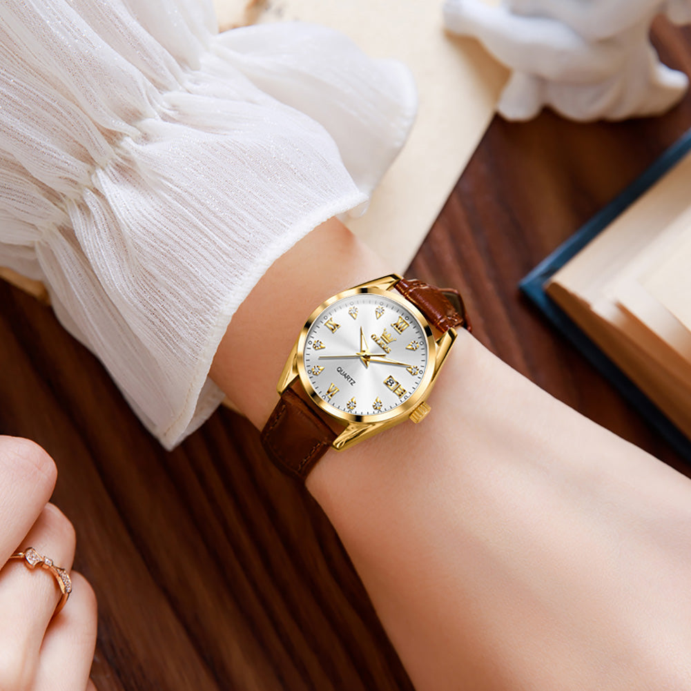 Brown Strap-White Dial Gold Trim