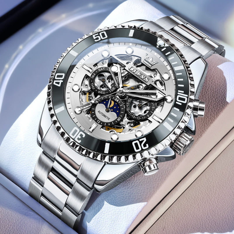 OLEVS 6715 Automatic Watches for Men Skeleton Self Winding Mechanical Fashion Dress Chronograph Moon Phase Stainless Steel Waterproof Luminous Mens Wrist Watches Gift Reloj Para Hombre