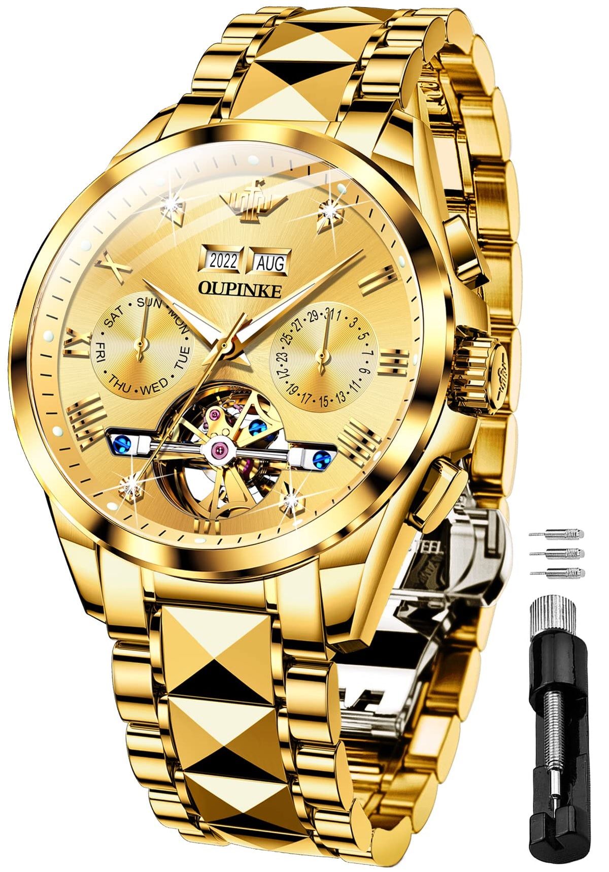 OLEVS 3240 Self Winding Watches for Men Automatic Mechanical Skeleton Luxury Dress Waterproof Moon Phase Tourbillon Chronograph Stainless Steel Luminous Wristwatch