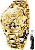 OLEVS 3240 Self Winding Watches for Men Automatic Mechanical Skeleton Luxury Dress Waterproof Moon Phase Tourbillon Chronograph Stainless Steel Luminous Wristwatch
