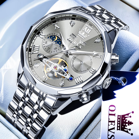 OLEVS 6620 Automatic Watches for Men Self Winding Mechanical Skeleton Luxury Dress Chronograph Gold Plated Stainless Steel Calendar Moon Phase Waterproof Luminous Mens Wrist Watches Reloj Para Hombre