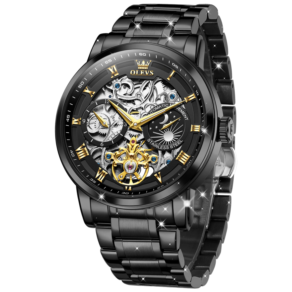 OLEVS 6670 Men Automatic Watch Diamond Skeleton Mechanical Luxury Self Winding Moon Phase Calendar Waterproof Wrist Watch for Men
