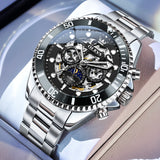 OLEVS 6715 Automatic Watches for Men Skeleton Self Winding Mechanical Fashion Dress Chronograph Moon Phase Stainless Steel Waterproof Luminous Mens Wrist Watches Gift Reloj Para Hombre