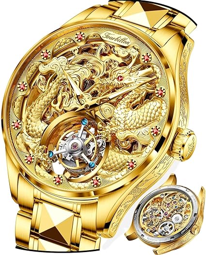 OUPINKE Men's Watch Automatic Designer Big Face Luxury Mechanical Skeleton Dress Business Wrist Watches Two Tone Tungsten Steel Waterproof Sapphire Calendar