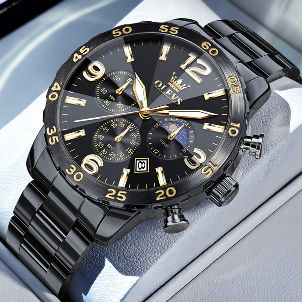 OLEVS 3678 Watches for Men Luxury Dress Chronograph Analog Quartz Gold Plated Stainless Steel Moon Phase Waterproof Luminous Date Fashion Mens Wrist Watches Reloj Para Hombre