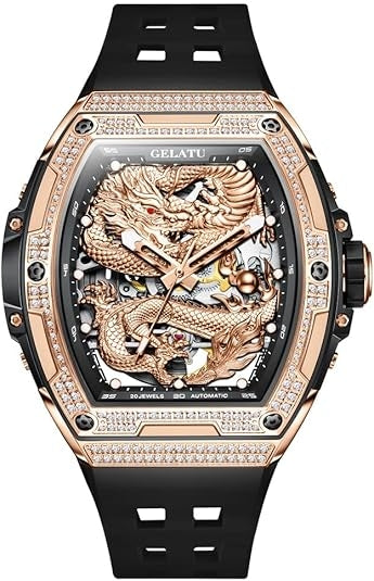 OLEVS 6021  Rose Gold Black Watches for Men Automatic Tonneau Watch Skeleton Mechanical 50M Waterproof Sapphire Crystal Square Male Watches