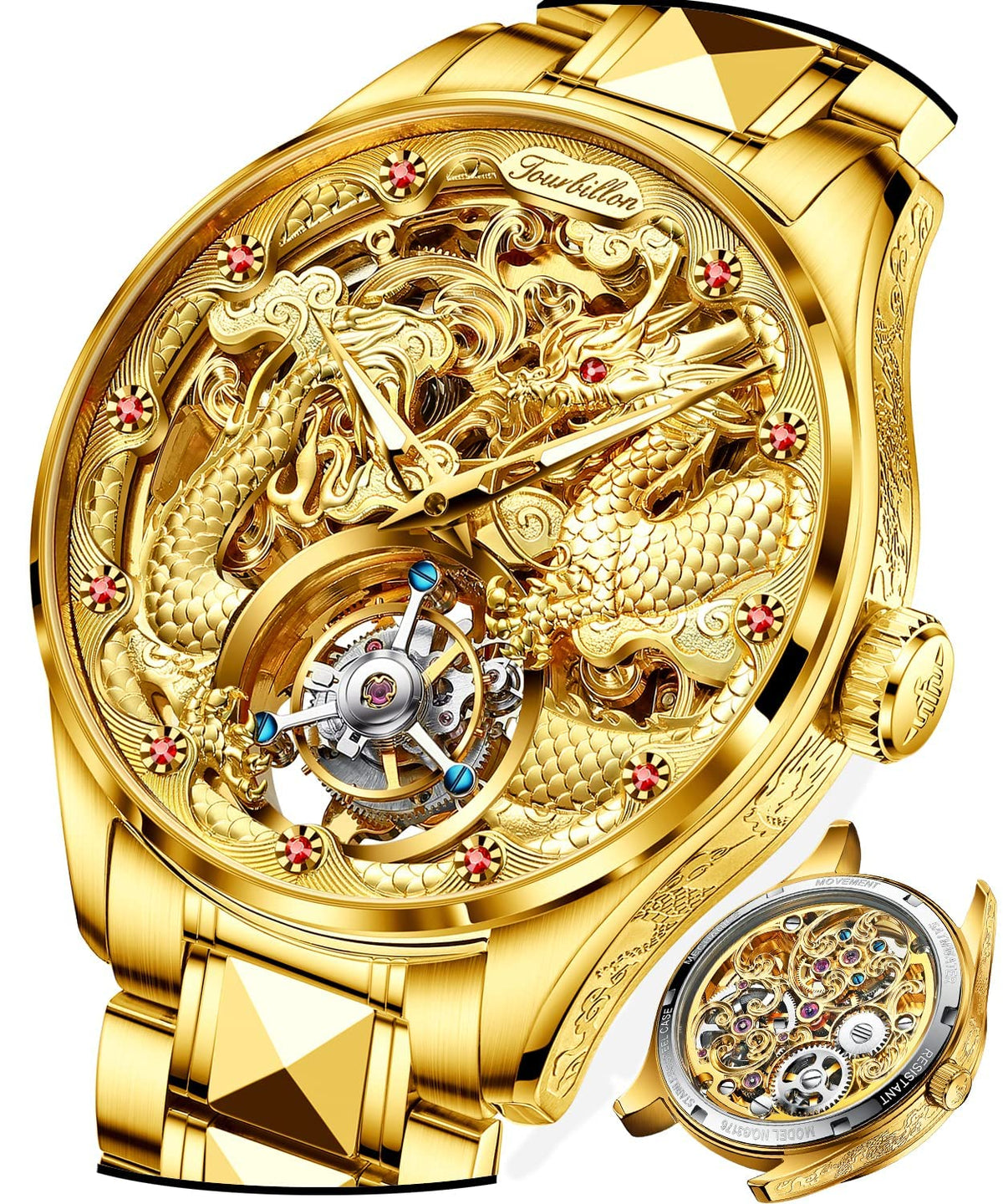 OUPINKE 3176 Gold Dragon Watches for Men Tourbillon Skeleton Mechanical Luxury Dress Automatic Self Winding Tungsten Steel Waterproof Sapphire Crystal Luminous Men’s Wrist Watch