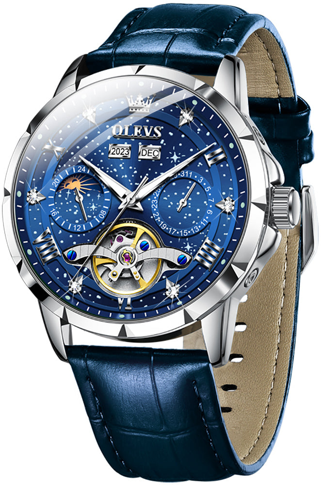 OLEVS 6690 Mens Automatic Watches Self-Winding Starry Sky Diamond Skeleton Luxury Wrist Watch Waterproof Luminous