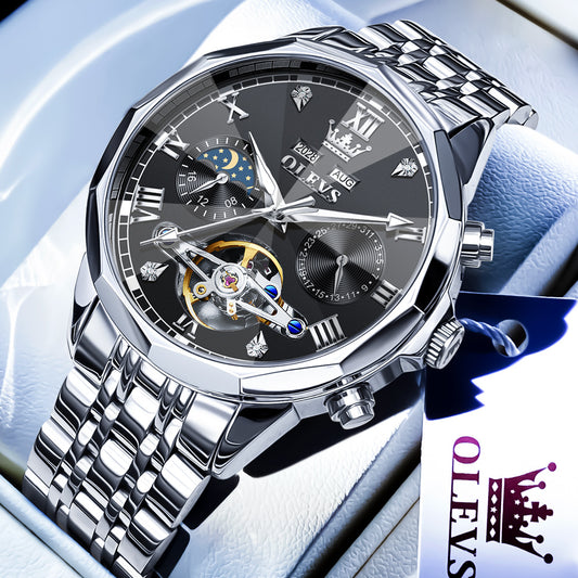 OLEVS 6620 Automatic Watches for Men Self Winding Mechanical Skeleton Luxury Dress Chronograph Gold Plated Stainless Steel Calendar Moon Phase Waterproof Luminous Mens Wrist Watches Reloj Para Hombre