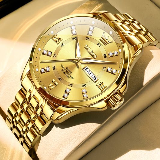 OLEVS 3620 Watches for Men Business Dress Analog Quartz Date Stainless Steel Easy Read Waterproof Luminous Luxury Casual Mens Wrist Watches Reloj Para Hombre Gold/Silver/Blue