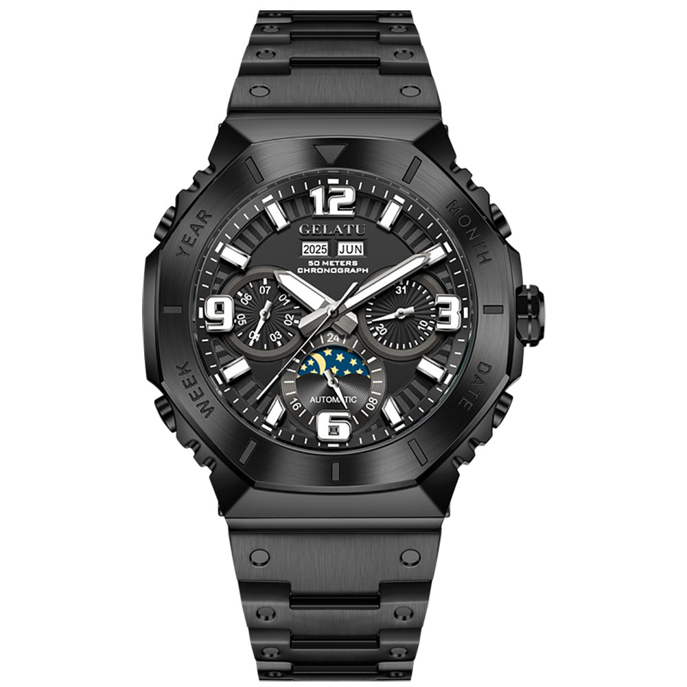 Men's Automatic Mechanical Watch Case Multi-Function Chronograph Moon Phase Year/Month/Date Display Stainless Steel Band Luxury Wrist Watch