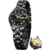 OLEVS 3262 Automatic Womens Watch Blue Two Tone Date Watches Mechanical Calendar Watches Diamond Fashion Waterproof Female Wrist Watch