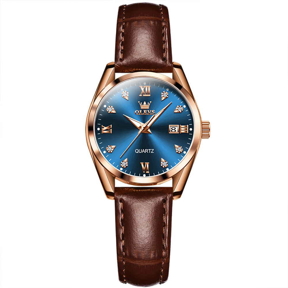 Brown Strap-Blue Dial Rose gold Trim