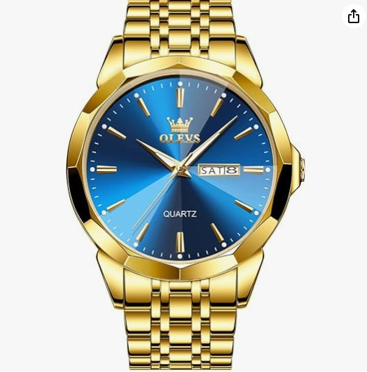 OLEVS 3615 Watch for Men Diamond Business Dress Analog Quartz Stainless Steel Waterproof Luminous Date Two Tone Luxury Casual Wrist Watch Blue
