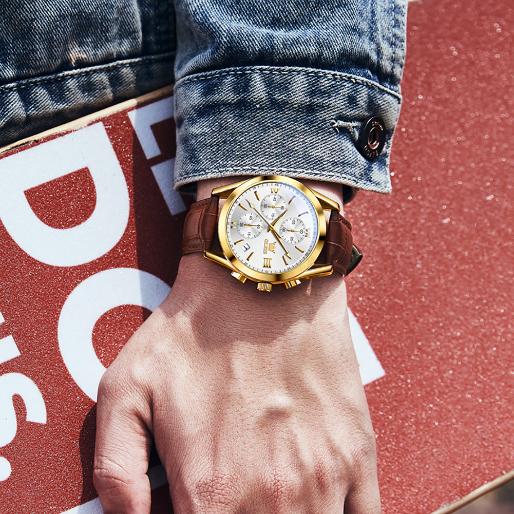 Brown Strap-White Dial Gold Trim