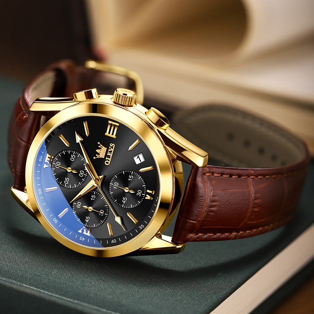 Brown Strap-Black Dial Gold Trim