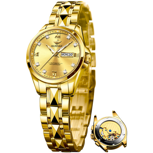 OLEVS 3262 Automatic Womens Watch Blue Two Tone Date Watches Mechanical Calendar Watches Diamond Fashion Waterproof Female Wrist Watch