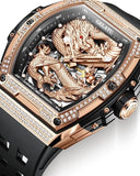 OLEVS 6021  Rose Gold Black Watches for Men Automatic Tonneau Watch Skeleton Mechanical 50M Waterproof Sapphire Crystal Square Male Watches
